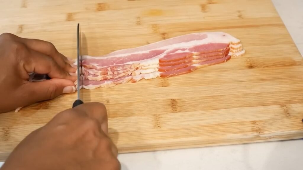 Southern Green Beans with Bacon and Potatoes Cutting bacon into thin strips