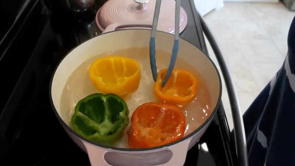 Bell peppers being blanched