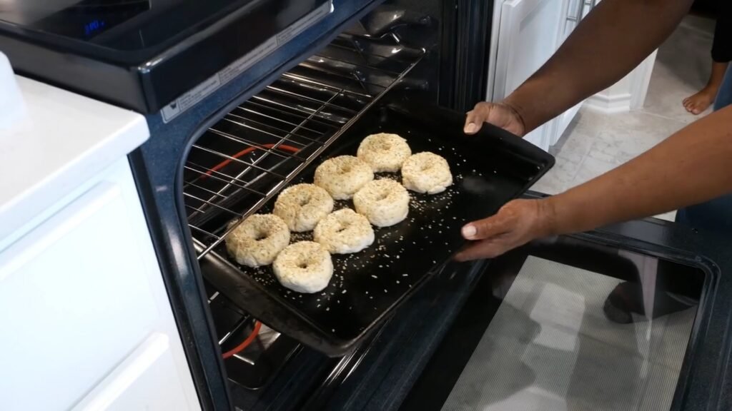 Easy Two-Ingredient Bagels Bagels going into the oven