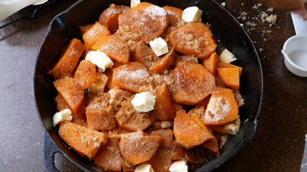 Southern Candied Yams Sweet potatoes topped with sugar and cinnamon