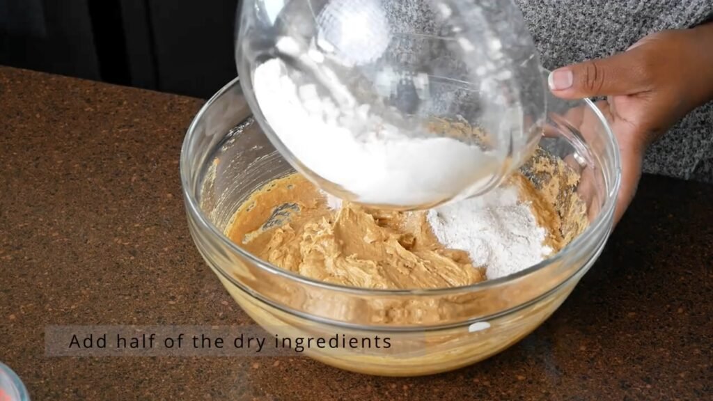 Easy Ginger Coffee Cake with Brown Sugar Streusel Adding half of the dry ingredients