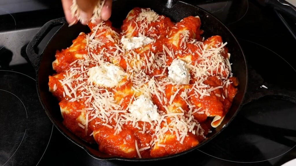 Easy Skillet Meatball Lasagna Topping with fresh parmesan cheese