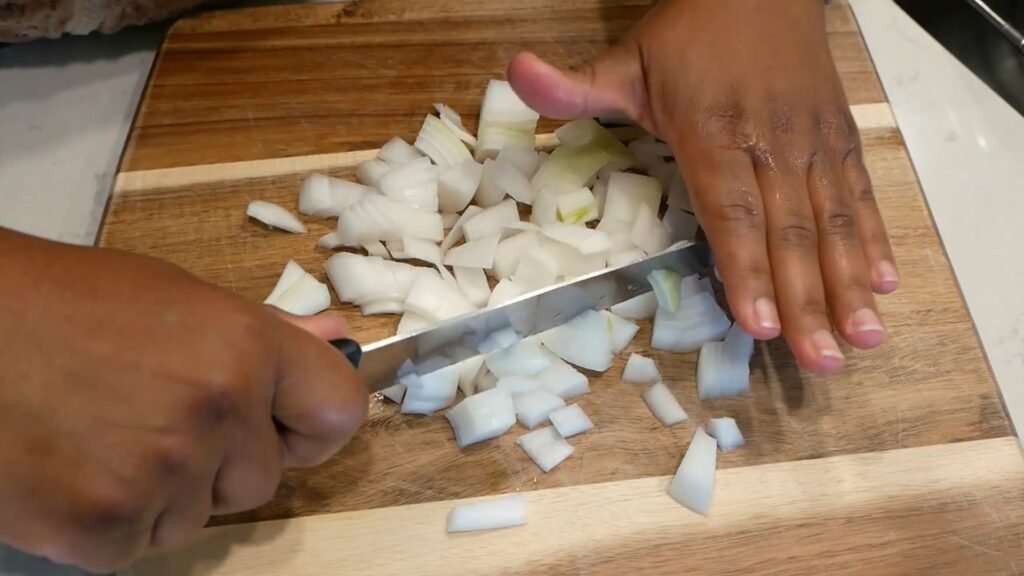 Creamy Potato Soup Recipe Dicing the onions